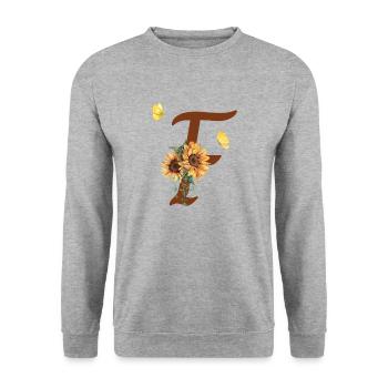 Buchstabe f Sonnenblume Schmetterling - Unisex Pullover - Weißgrau meliert - Vorne - Alina (178cm) & Michal (187cm)