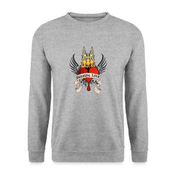 Burning Love (Heart & Banner) 04 - Unisex Pullover - Weißgrau meliert - Vorne - Alina (178cm) & Michal (187cm)
