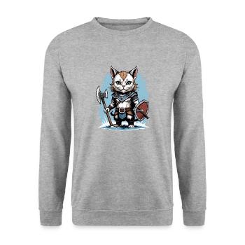 Cat Wikinger Viking Katze Geschenk Süß - Unisex Pullover - Weißgrau meliert - Vorne - Alina (178cm) & Michal (187cm)
