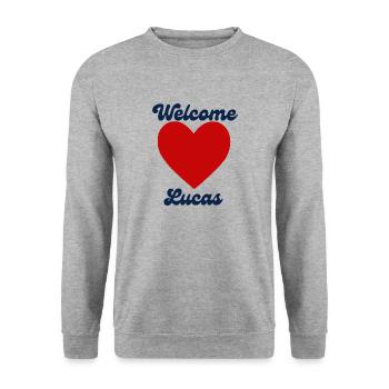 Lucas herzlich willkommen - Unisex Pullover - Weißgrau meliert - Vorne - Alina (178cm) & Michal (187cm)