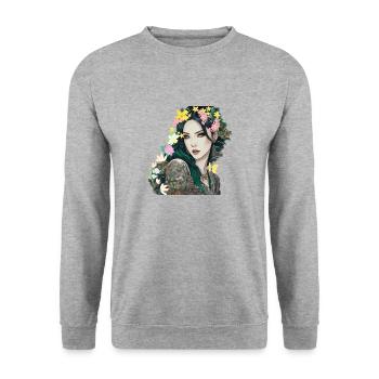 floral wreath,anime, green eyes, woman, mystical - Unisex Sweatshirt - salt & pepper - Front - Alina (178cm) & Michal (187cm)