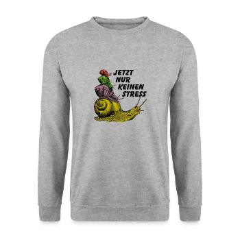 Keinen Stress Schnecken übereinander und Spruch - Unisex Pullover - Weißgrau meliert - Vorne - Alina (178cm) & Michal (187cm)