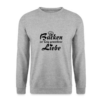 Backen ist Teig gewordene Liebe mit Bäckermütze - Unisex Pullover - Weißgrau meliert - Vorne - Alina (178cm) & Michal (187cm)