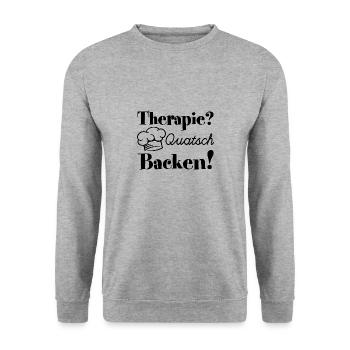 Backen ist meine Therapie mit Bäckermütze Spruch - Unisex Pullover - Weißgrau meliert - Vorne - Alina (178cm) & Michal (187cm)