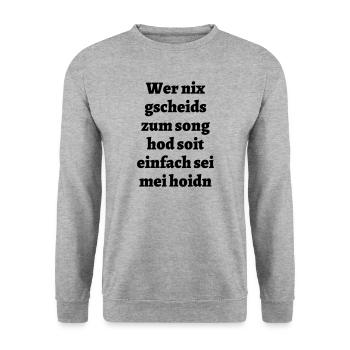 Wer nix gscheids... - bayerischer Spruch - Unisex Pullover - Weißgrau meliert - Vorne - Alina (178cm) & Michal (187cm)