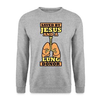Saved by Jesus and a Lung donor - Unisex Pullover - Weißgrau meliert - Vorne - Alina (178cm) & Michal (187cm)