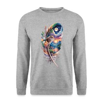 Wolf in der Feder Spirituelle Naturkraft - Unisex Pullover - Weißgrau meliert - Vorne - Alina (178cm) & Michal (187cm)