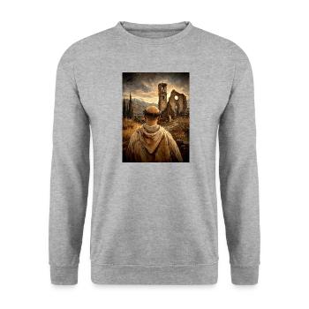 Mönch vor Ruinen bei Sonnenuntergang - Unisex Pullover - Weißgrau meliert - Vorne - Alina (178cm) & Michal (187cm)