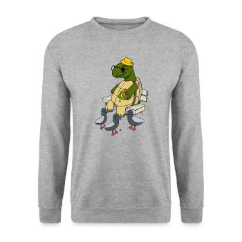Opa Schildkröte auf einer Bank - Unisex Pullover - Weißgrau meliert - Vorne - Alina (178cm) & Michal (187cm)