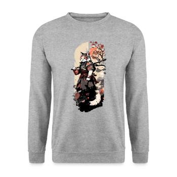 Samurai-Katze: Meister des Schwertkampfs - Unisex Pullover - Weißgrau meliert - Vorne - Alina (178cm) & Michal (187cm)