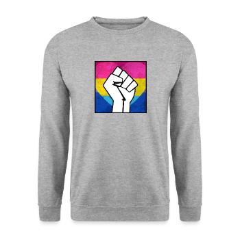 Bisexueller panromantischer Pride Fist Aufkleber - Unisex Pullover - Weißgrau meliert - Vorne - Alina (178cm) & Michal (187cm)