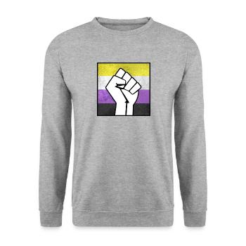 Nicht-binärer Pride-Faust-Aufkleber - Unisex Pullover - Weißgrau meliert - Vorne - Alina (178cm) & Michal (187cm)