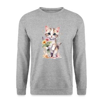 Verspieltes Kätzchen mit Blumen - Aquarell - Unisex Pullover - Weißgrau meliert - Vorne - Alina (178cm) & Michal (187cm)