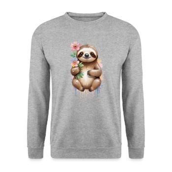 Verschlafenes Faultier mit Blumen - Aquarell - Unisex Pullover - Weißgrau meliert - Vorne - Alina (178cm) & Michal (187cm)