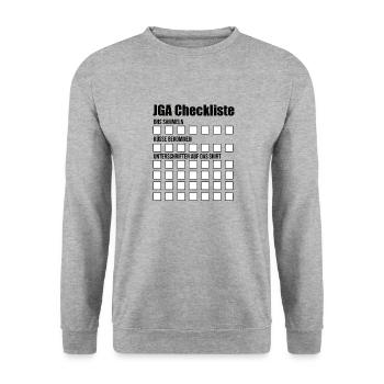 JGA Bräutigam Junggesellenabschied Checkliste body - Unisex Pullover - Weißgrau meliert - Vorne - Alina (178cm) & Michal (187cm)