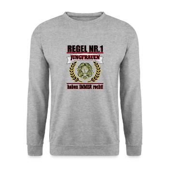 Horoskop-Kollektion "REGEL NR.1 Jungfrauen." - Unisex Pullover - Weißgrau meliert - Vorne - Alina (178cm) & Michal (187cm)