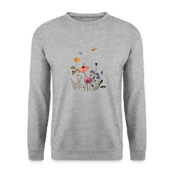 Bunte Blumenwiese - Unisex Pullover - Weißgrau meliert - Vorne - Alina (178cm) & Michal (187cm)