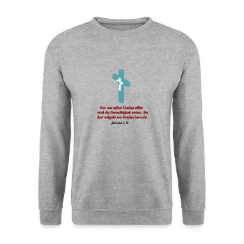 Spruch Jakobus 3, 18 - Unisex Pullover - Weißgrau meliert - Vorne - Alina (178cm) & Michal (187cm)