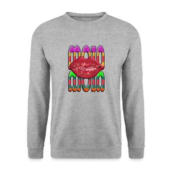 Moin Moin mit Kussmund zum Früstück - Unisex Pullover - Weißgrau meliert - Vorne - Alina (178cm) & Michal (187cm)