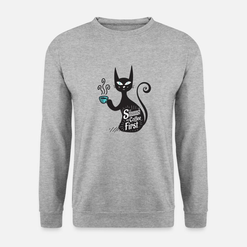 Schwarzer Kaffee und schwarze Katze, Shhh Kaffee zuerst - Unisex Pullover - Weißgrau meliert