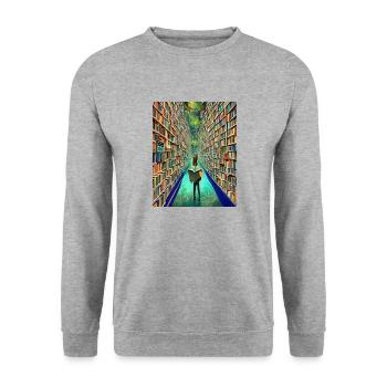 "Die Bücherei der Zeit" - Unisex Pullover - Weißgrau meliert - Vorne - Alina (178cm) & Michal (187cm)