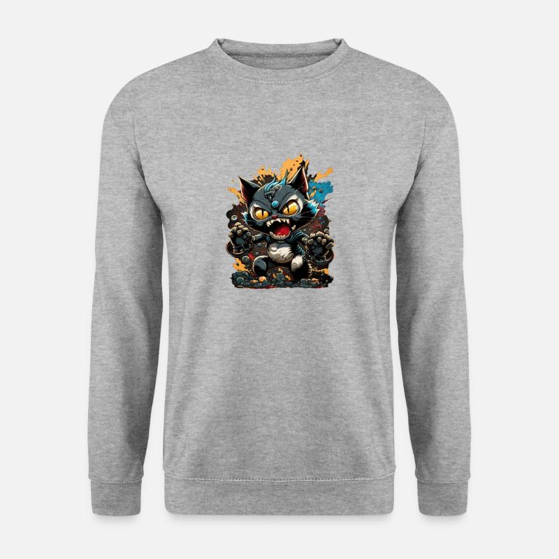Bunte Manga Cat Attack - Unisex Pullover - Weißgrau meliert