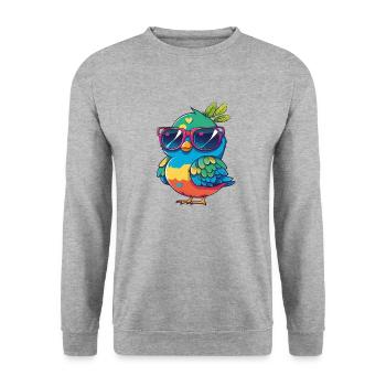 Kawaii Cute Happy Colorful Bird with Sunglasses - Unisex Sweatshirt - salt & pepper - Front - Alina (178cm) & Michal (187cm)