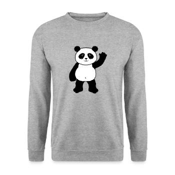 Aufrecht Stehender Panda Bär Winkt Freundlich - Unisex Pullover - Weißgrau meliert - Vorne - Alina (178cm) & Michal (187cm)