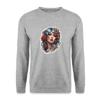 Femme / jolie / portrait / tatouage / modèle - Sweat-shirt Unisexe - gris chiné - Devant - Alina (178cm) & Michal (187cm)