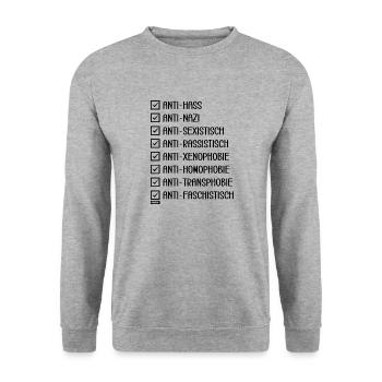 Unity & Respect: Für Gleichheit und gegen Hass - Unisex Pullover - Weißgrau meliert - Vorne - Alina (178cm) & Michal (187cm)