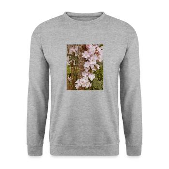 Zarte Kirschblüten auf Baumstamm - Unisex Pullover - Weißgrau meliert - Vorne - Alina (178cm) & Michal (187cm)