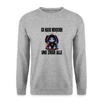 Einhorn Ich hasse menschen - Unisex Pullover - Weißgrau meliert - Vorne - Alina (178cm) & Michal (187cm)