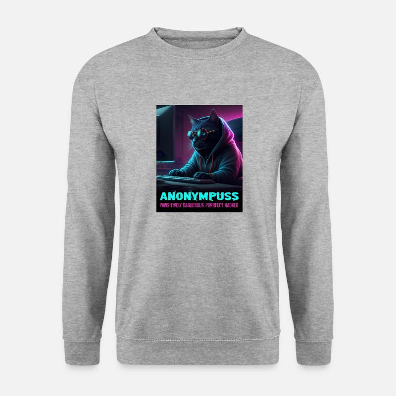 Anonympuss Cat Hacker Lustiges Bild Katze Meme - Unisex Pullover - Weißgrau meliert