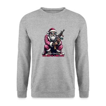 Weihnachtsmann in Russenhocke und lustigem Spruch - Unisex Pullover - Weißgrau meliert - Vorne - Alina (178cm) & Michal (187cm)