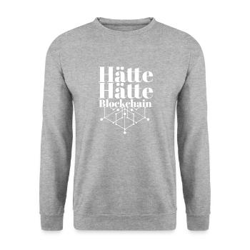 Hätte Hätte Blockchain Kette | Lustiger Spruch - Unisex Pullover - Weißgrau meliert - Vorne - Alina (178cm) & Michal (187cm)