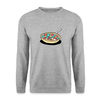 Cornflakes - Frühstück - Katze - Katzen - Süß - Unisex Pullover - Weißgrau meliert - Vorne - Alina (178cm) & Michal (187cm)