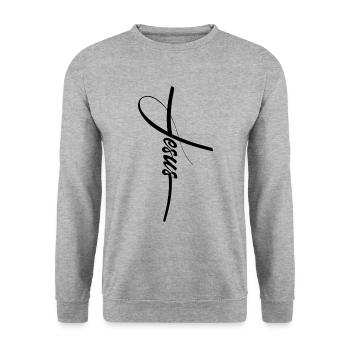 Jesus Christus schlichtes Kreuz mit Schriftzug - Unisex Pullover - Weißgrau meliert - Vorne - Alina (178cm) & Michal (187cm)