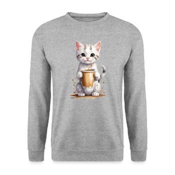 Neugierige Katze und Kaffeetasse - Aquarell - Unisex Pullover - Weißgrau meliert - Vorne - Alina (178cm) & Michal (187cm)