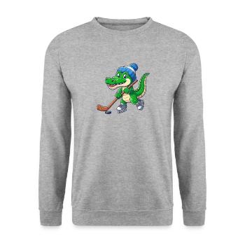 Krokodil-Eishockeyspieler - Lustiges Design - Unisex Pullover - Weißgrau meliert - Vorne - Alina (178cm) & Michal (187cm)