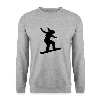 snowboarder lange haare snowboarderin sprung stunt - Unisex Pullover - Weißgrau meliert - Vorne - Alina (178cm) & Michal (187cm)