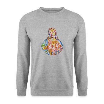 Ich liebe Jesus Christus Kirchenfenster * Jesu - Unisex Pullover - Weißgrau meliert - Vorne - Alina (178cm) & Michal (187cm)