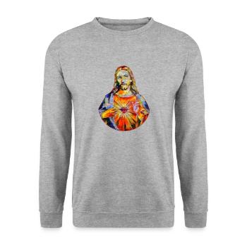 Gemälde Jesus Christ * Painting Jesus Christus - Unisex Pullover - Weißgrau meliert - Vorne - Alina (178cm) & Michal (187cm)