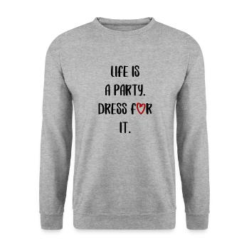 life is a party feiern Spaß lustiger Spruch - Unisex Pullover - Weißgrau meliert - Vorne - Alina (178cm) & Michal (187cm)