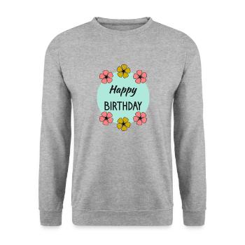 ALLES GUTE ZUM GEBURTSTAG. ALLES GUTE ZUM GEBURTSTAG. JAHRESTAG. - Unisex Pullover - Weißgrau meliert - Vorne - Alina (178cm) & Michal (187cm)
