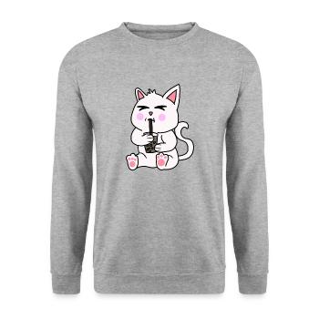 Bubble Tea Drinking White Cat Anime Kawaii - Unisex Sweatshirt - salt & pepper - Front - Alina (178cm) & Michal (187cm)