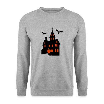 Gruselschloss mit Fledermäusen Halloween - Unisex Pullover - Weißgrau meliert - Vorne - Alina (178cm) & Michal (187cm)