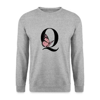 Elegantes Monogramm mit Schmetterling– Buchstabe Q - Unisex Pullover - Weißgrau meliert - Vorne - Alina (178cm) & Michal (187cm)