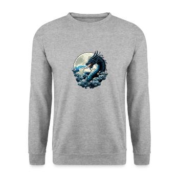Mystischer blauer Drache mit Mond - Verzauberte Nacht - Unisex Pullover - Weißgrau meliert - Vorne - Alina (178cm) & Michal (187cm)