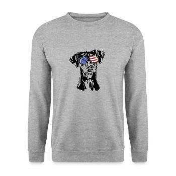 DEUTSCHER PINSCHER Amerika Fahne Hunde Wilsigns - Unisex Pullover - Weißgrau meliert - Vorne - Alina (178cm) & Michal (187cm)
