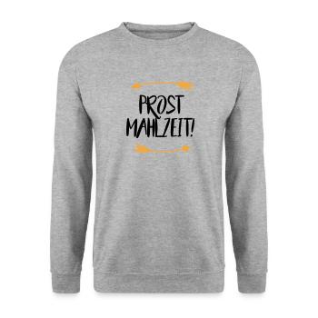 Sprüche Prost Mahlzeit - Unisex Pullover - Weißgrau meliert - Vorne - Alina (178cm) & Michal (187cm)